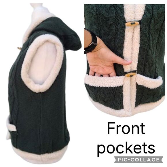 Carducci Cable Knit Green Vest Cream Faux Fur Trim Lined Hood Women’s Size Large - Picture 7 of 11